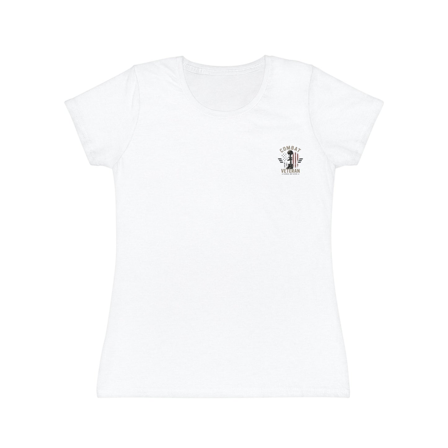 Women's military-inspired t-shirt with "Don't mistake my lip gloss for weakness" slogan and tactical gear graphic