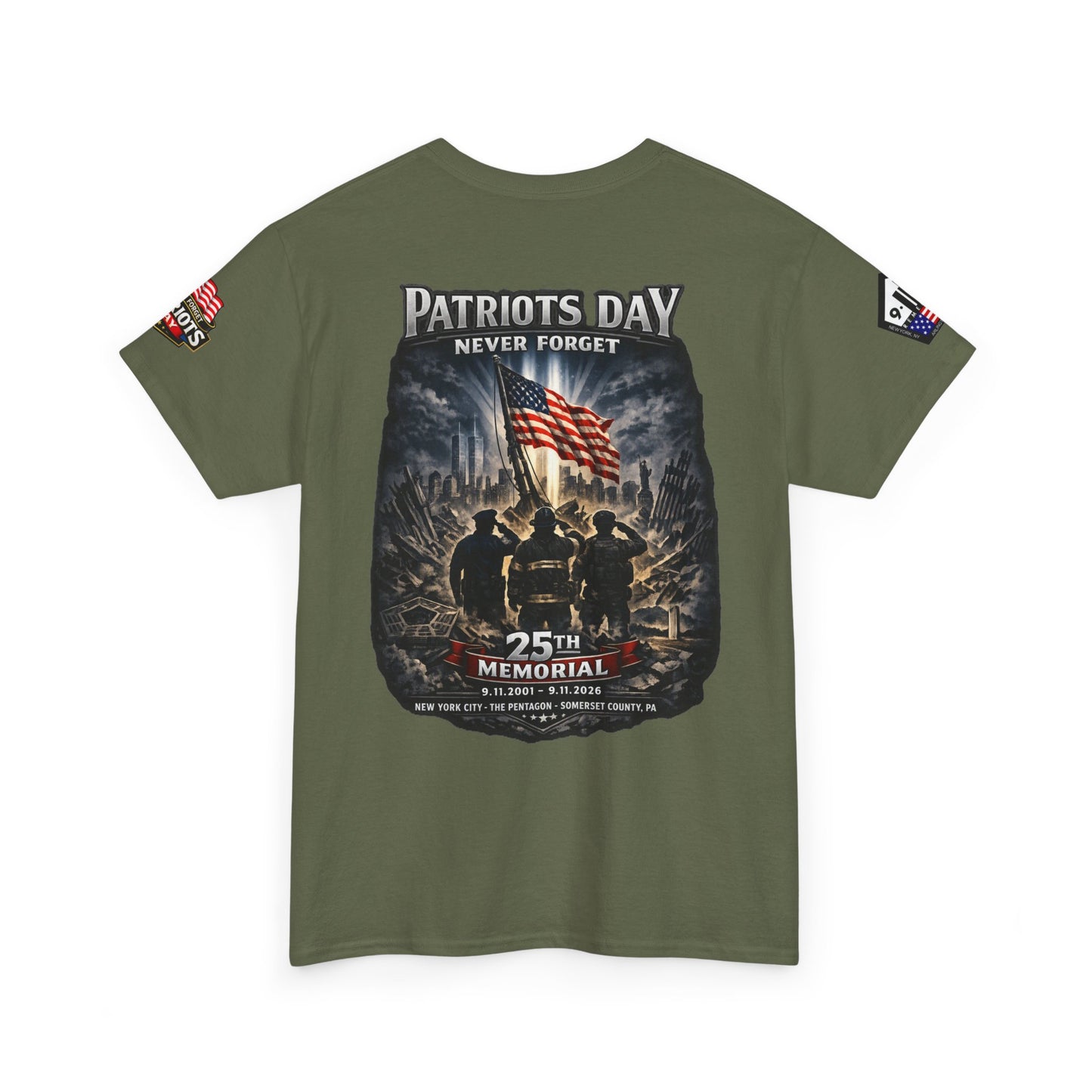 NYPD, FDNY, PAPD-NYNJ Patriots Day Memorial Tee – "Never Forget" 25th Anniversary American Flag Shirt