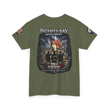 NYPD, FDNY, PAPD-NYNJ Patriots Day Memorial Tee – "Never Forget" 25th Anniversary American Flag Shirt