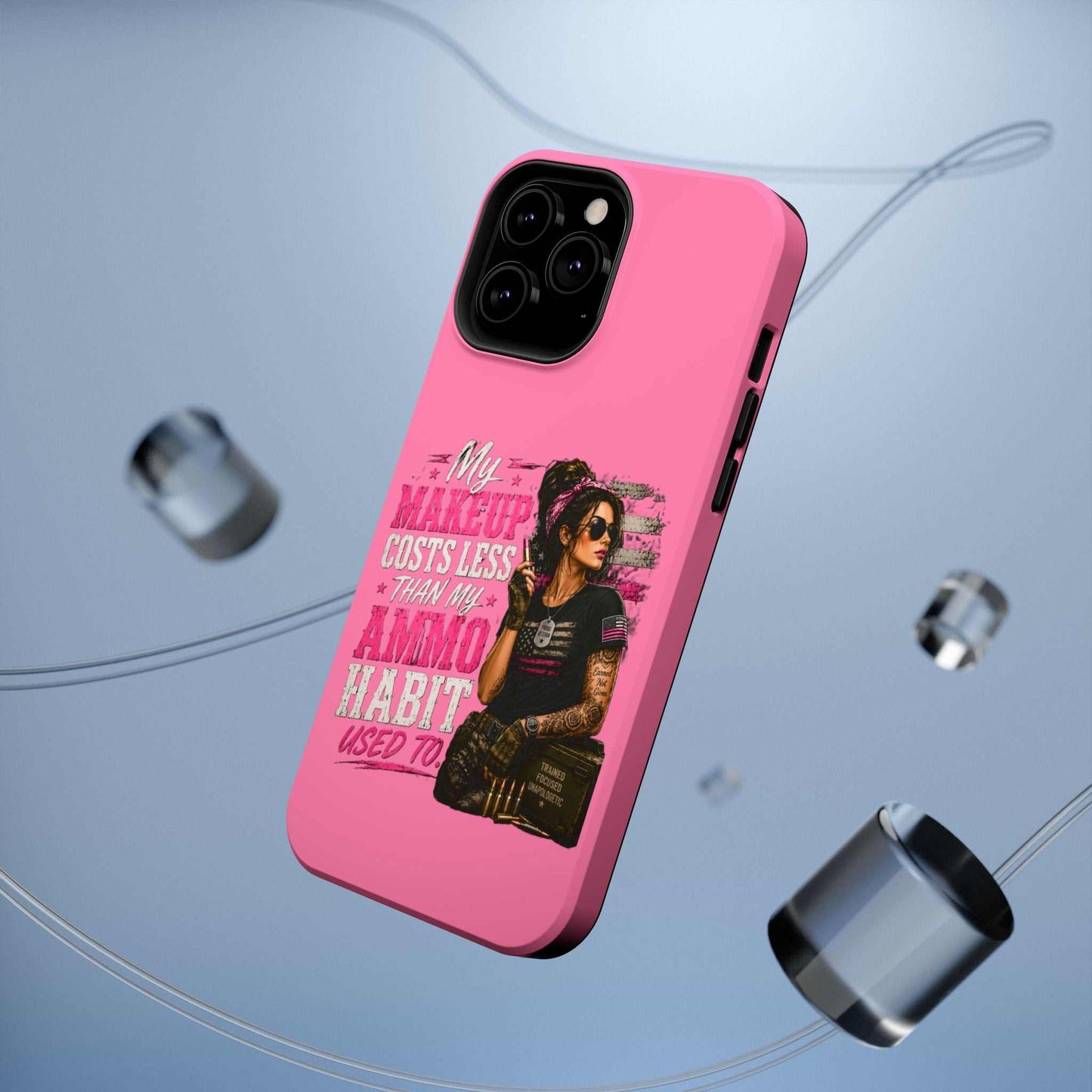 Impact-Resistant Phone Case — "My Makeup Costs Less Than My Ammo Habit Used To" Pink Tactical Design
