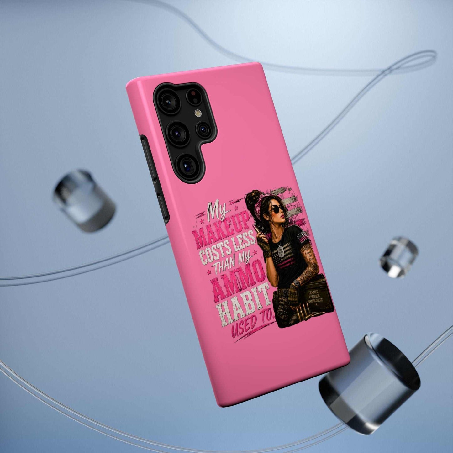 Impact-Resistant Phone Case — "My Makeup Costs Less Than My Ammo Habit Used To" Pink Tactical Design