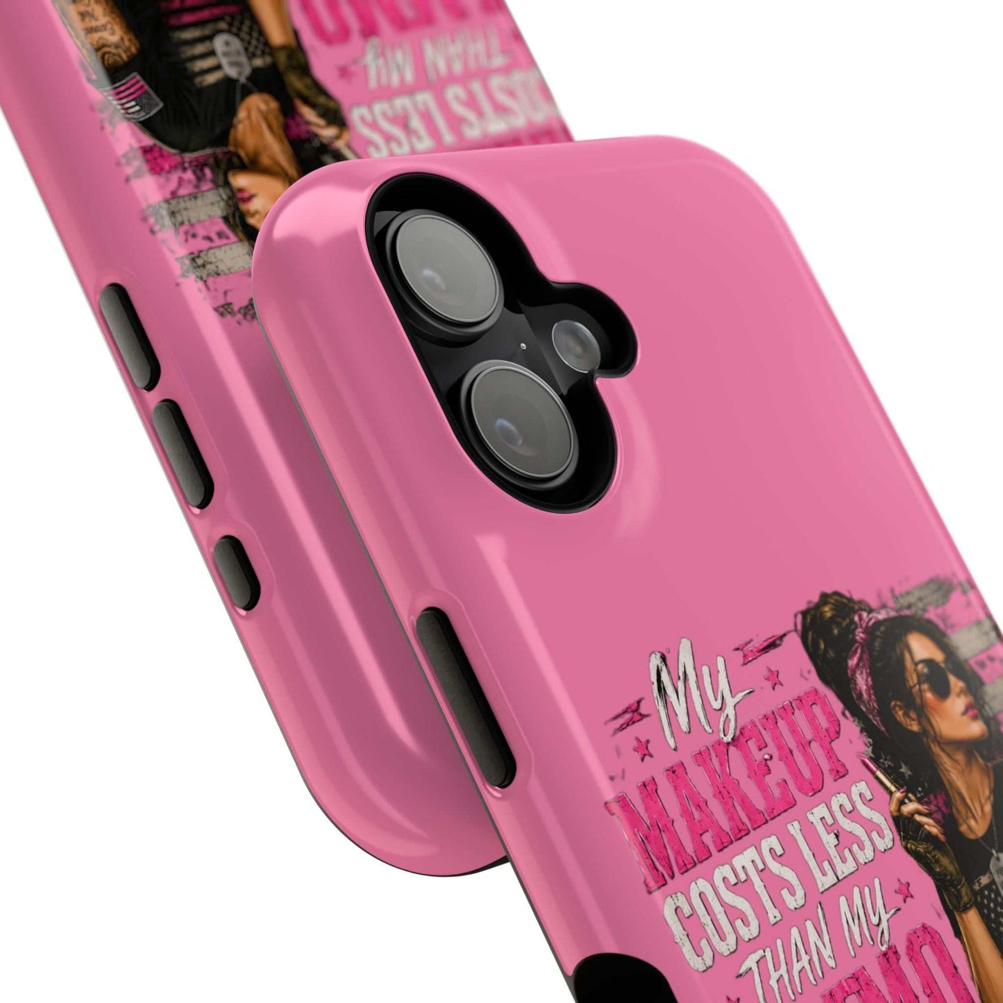 Impact-Resistant Phone Case — "My Makeup Costs Less Than My Ammo Habit Used To" Pink Tactical Design