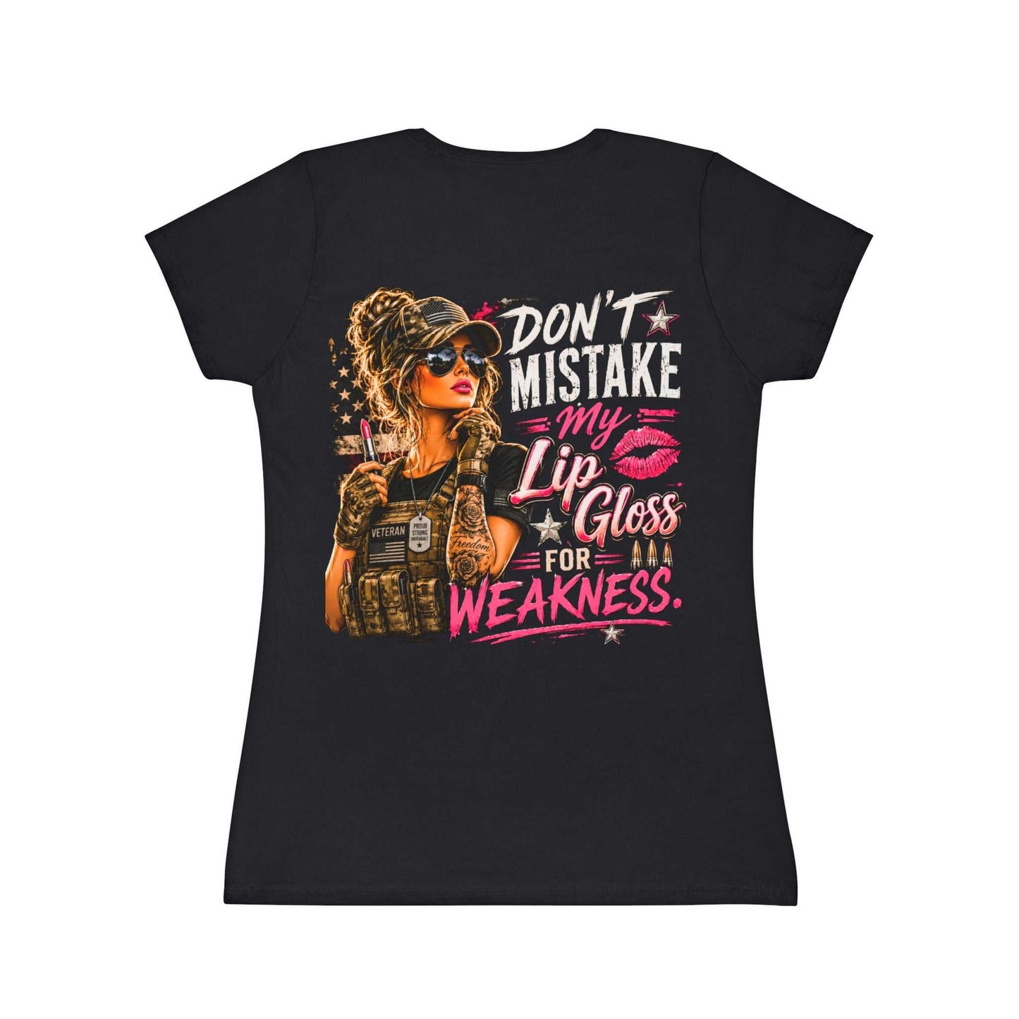 Women's Military-Inspired T-Shirt — "Don't Mistake My Lip Gloss for Weakness" Graphic Tee