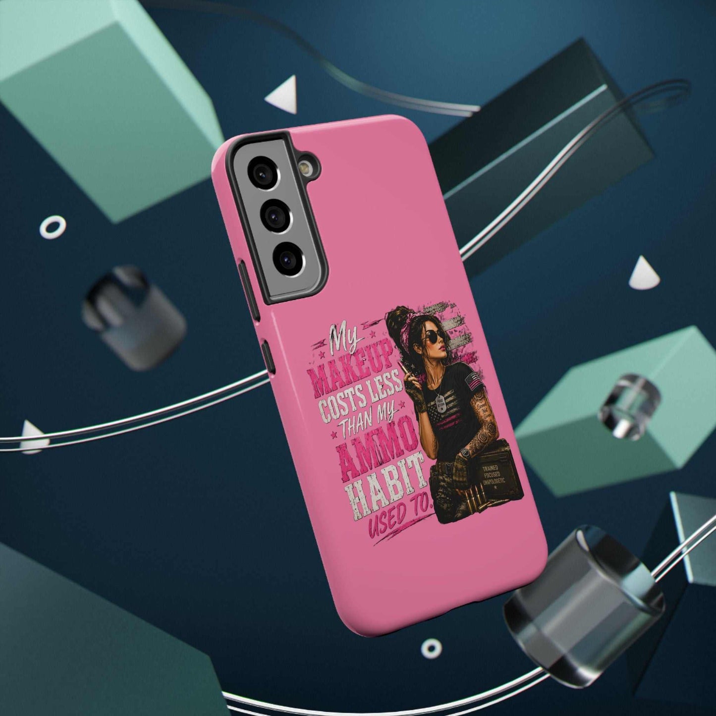 Impact-Resistant Phone Case — "My Makeup Costs Less Than My Ammo Habit Used To" Pink Tactical Design
