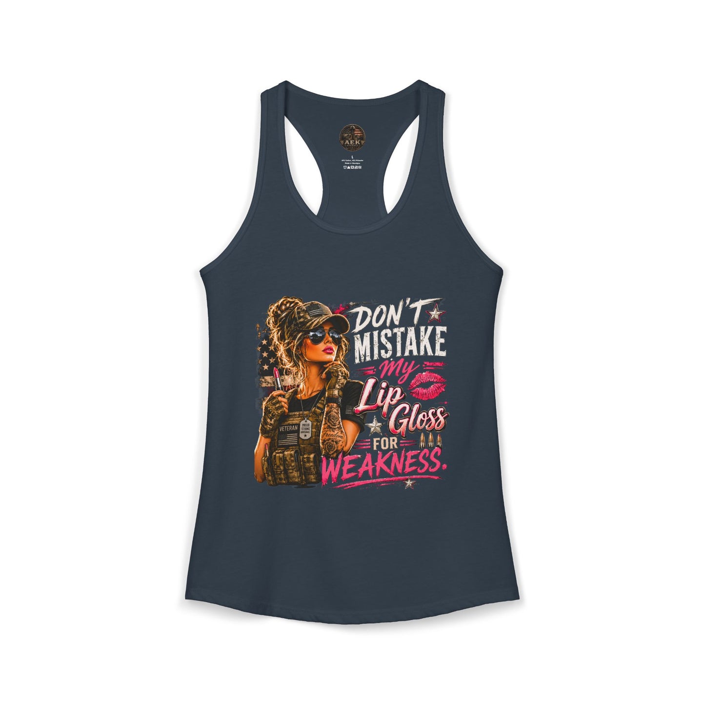 Women's Racerback Tank - "Don't Mistake My Lip Gloss for Weakness"