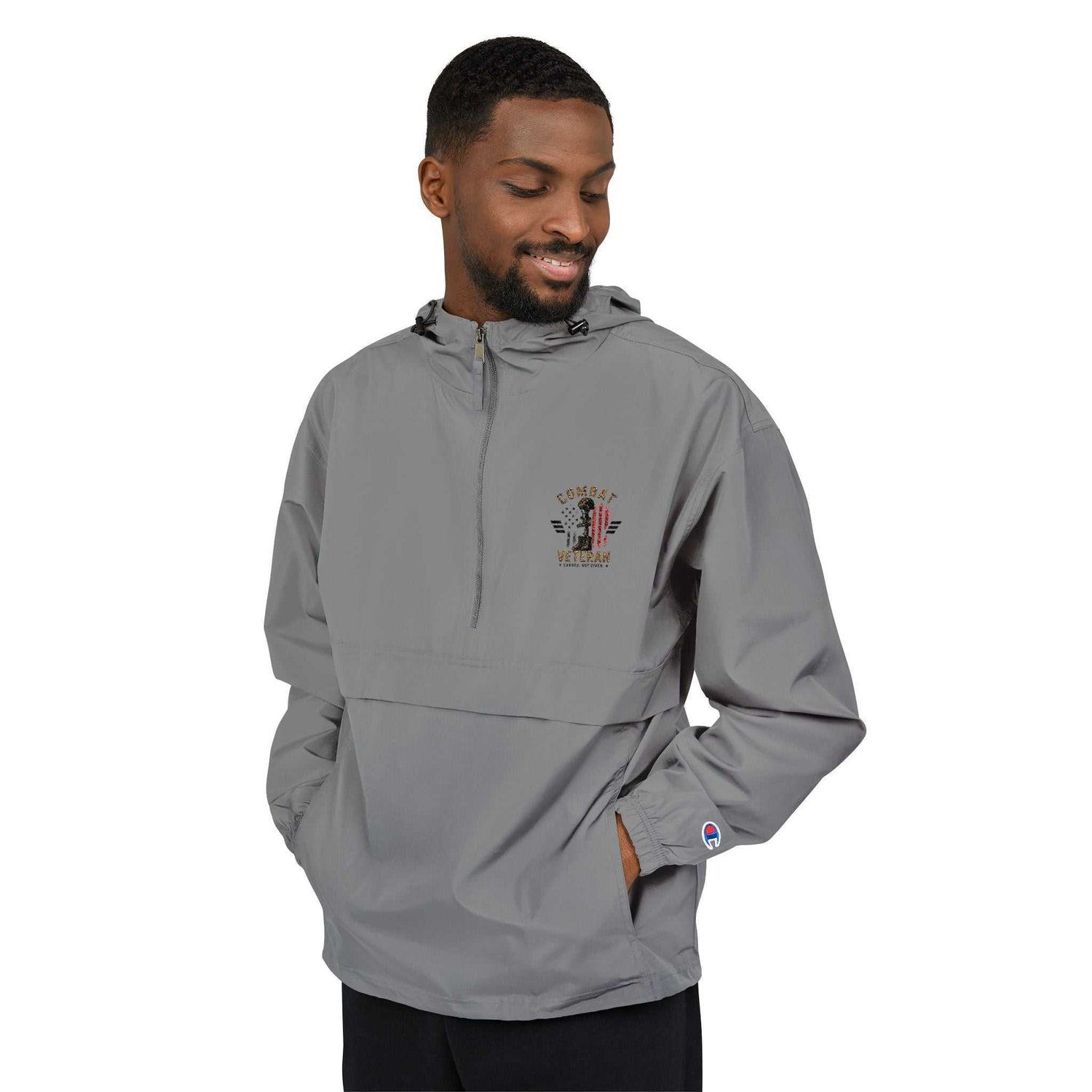 Embroidered "COMBAT VETERAN" anorak jacket with water-resistant shell and packable design