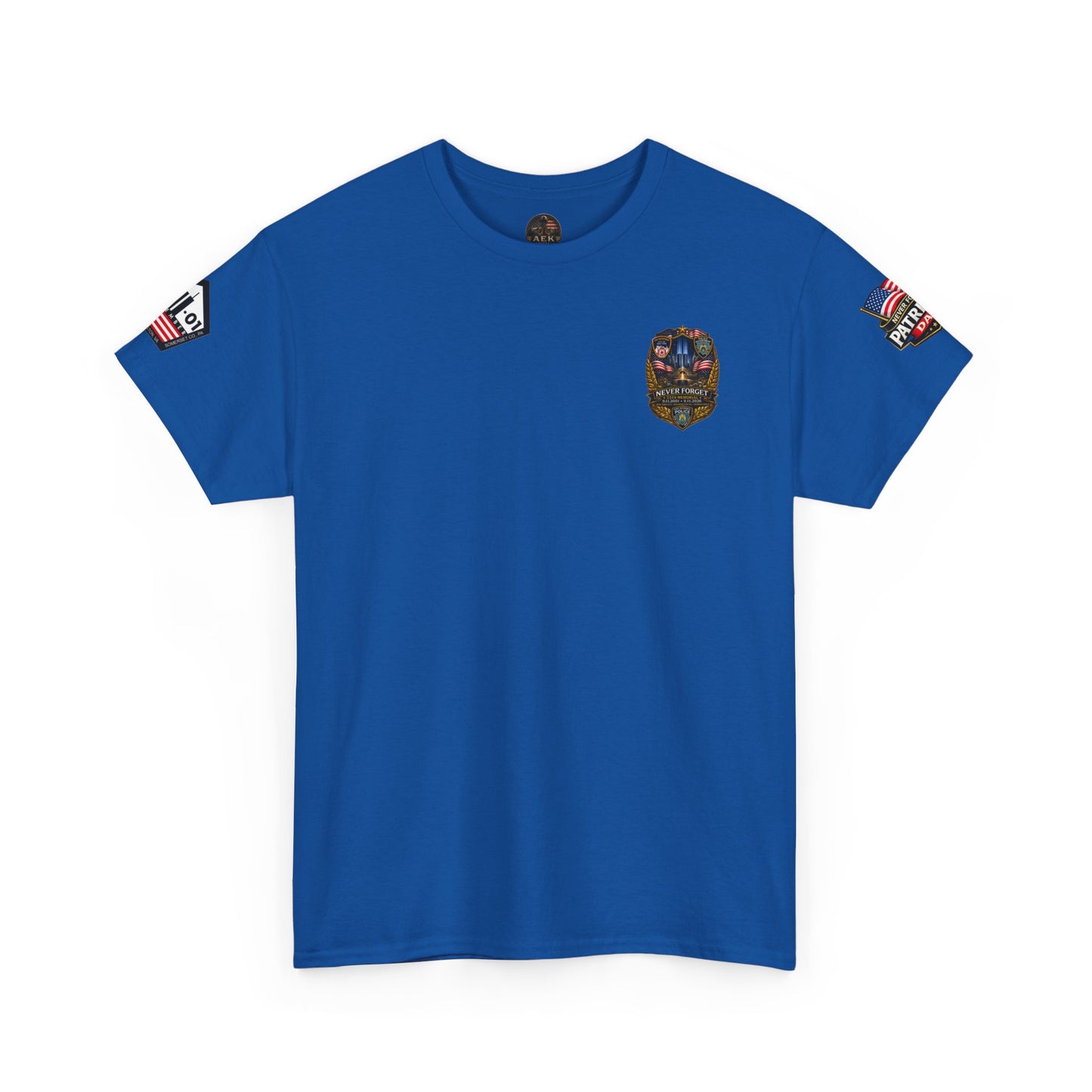 NYPD, FDNY, PAPD-NYNJ Patriots Day Memorial Tee – "Never Forget" 25th Anniversary American Flag Shirt