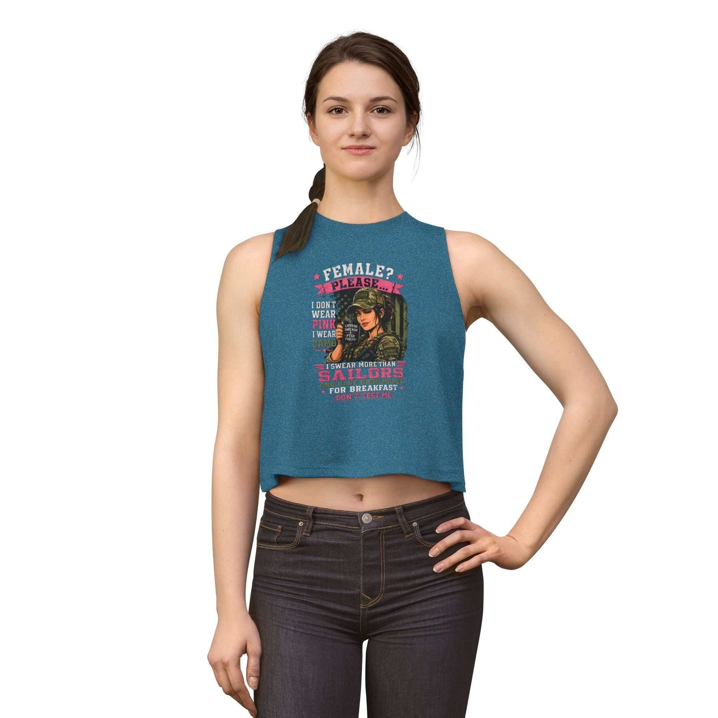 Women's Crop Top — 'Female? Please. I Don't Wear Pink' Military Graphic Tank