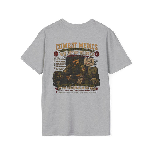 AEK Veteran Badge T-Shirt lightweight combat medic tee with vintage-style chest emblem and size guide table