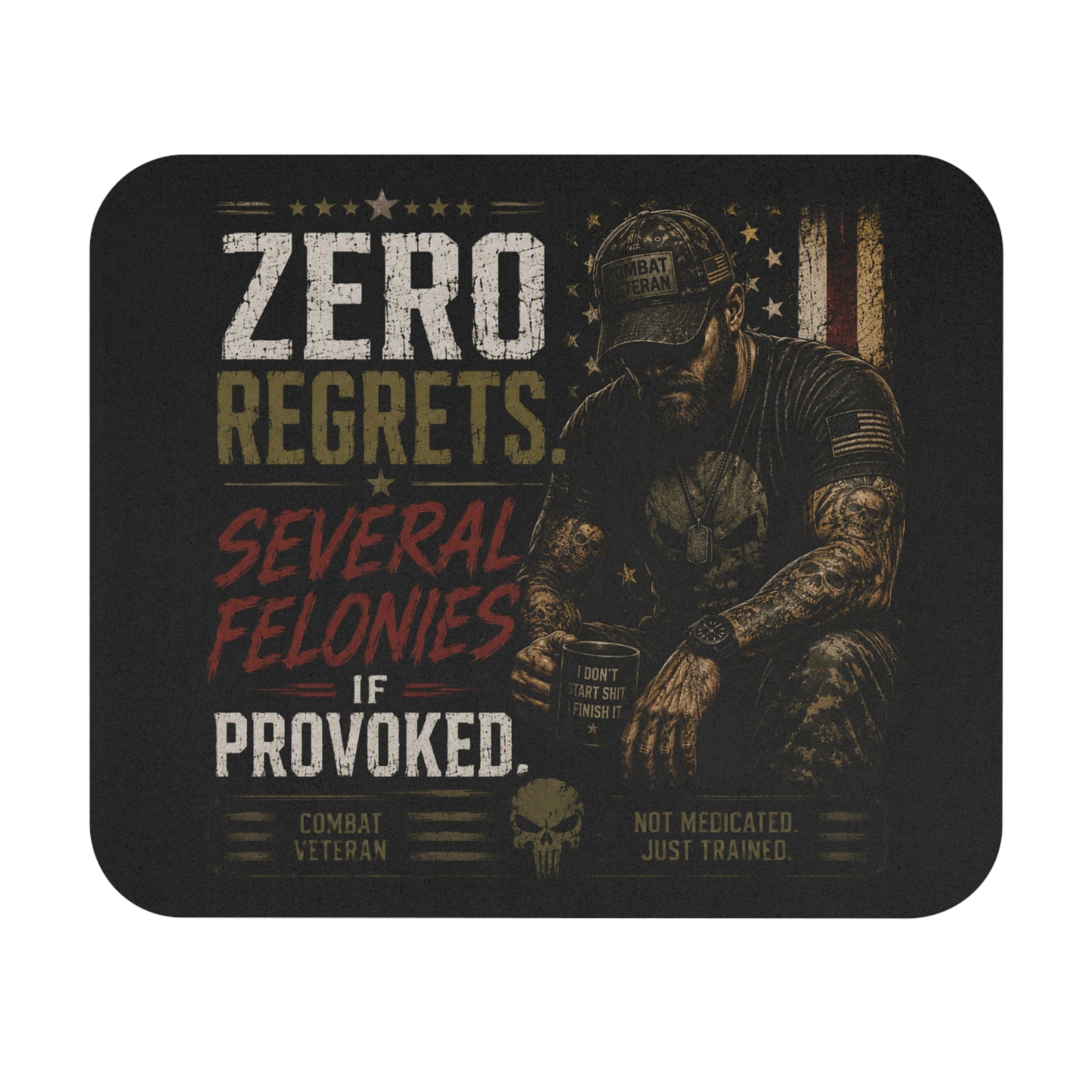 Zero Regrets Combat Veteran mouse pad with bold distressed typography and seated figure on textured flag background