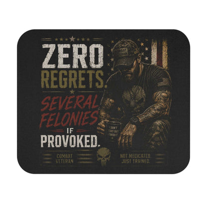Zero Regrets Combat Veteran mouse pad with bold distressed typography and seated figure on textured flag background