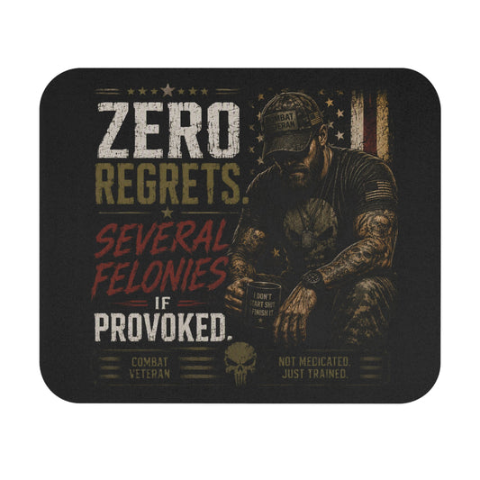 Zero Regrets Combat Veteran mouse pad with bold distressed typography and seated figure on textured flag background