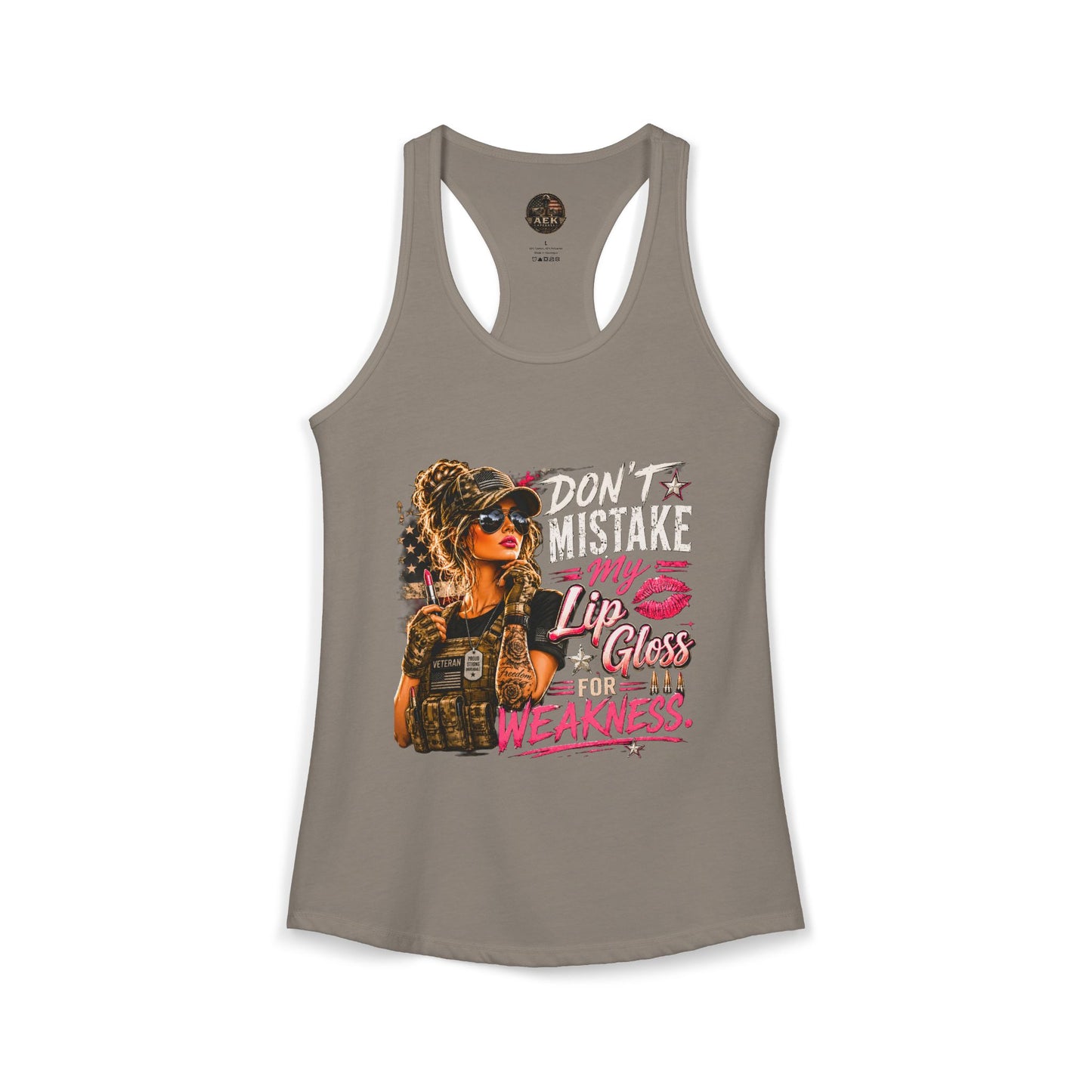 Women's Racerback Tank - "Don't Mistake My Lip Gloss for Weakness"