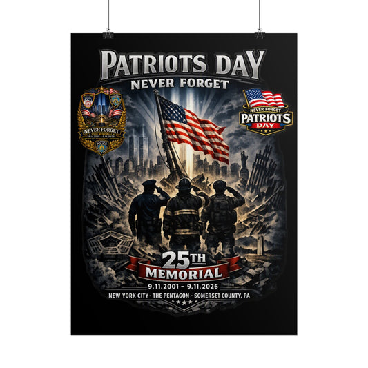 Three firefighters in front of American flag and devastated cityscape on Patriots Day poster commemorating 25th memorial