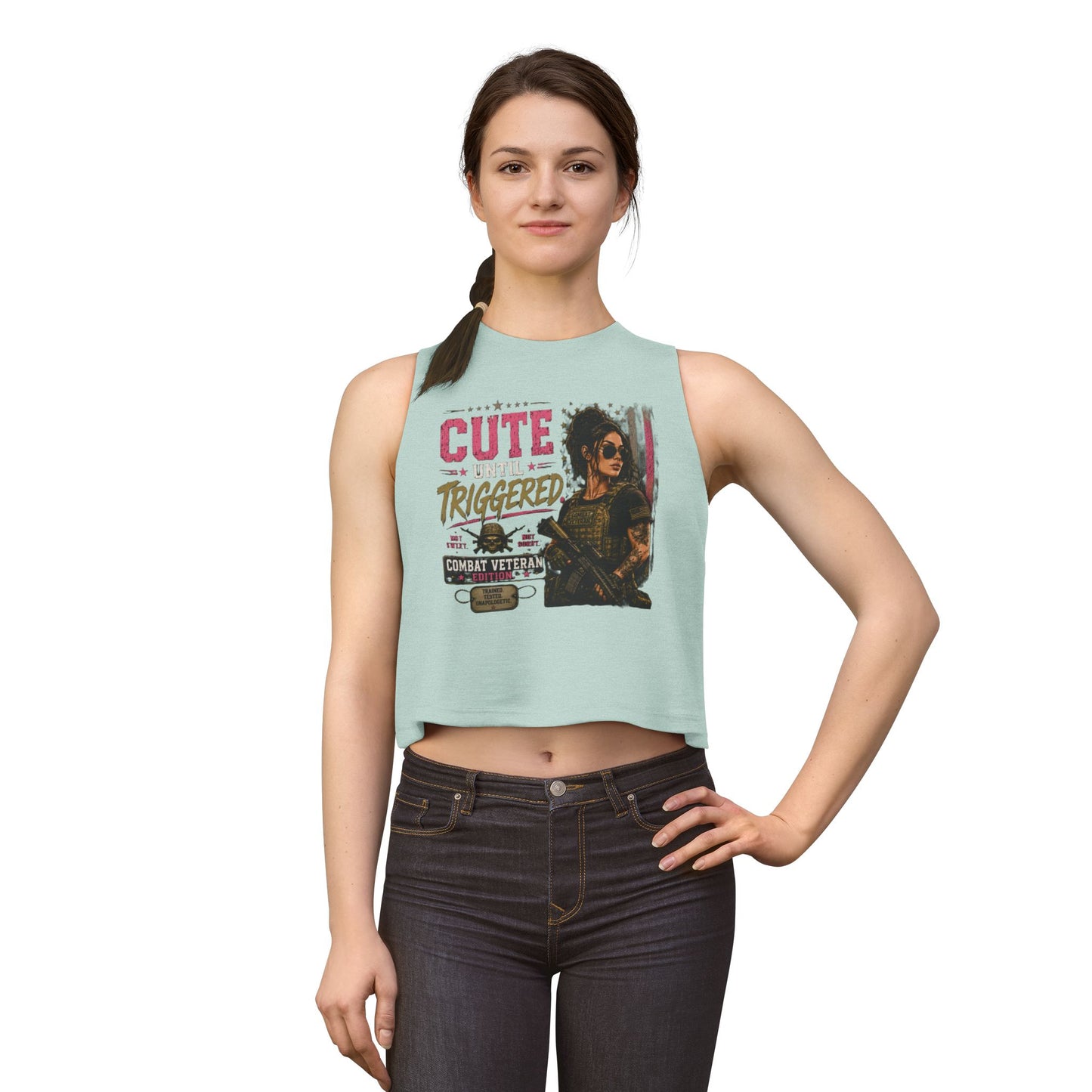 Crop Top — "Cute Until Triggered" Combat Veteran Graphic Tank