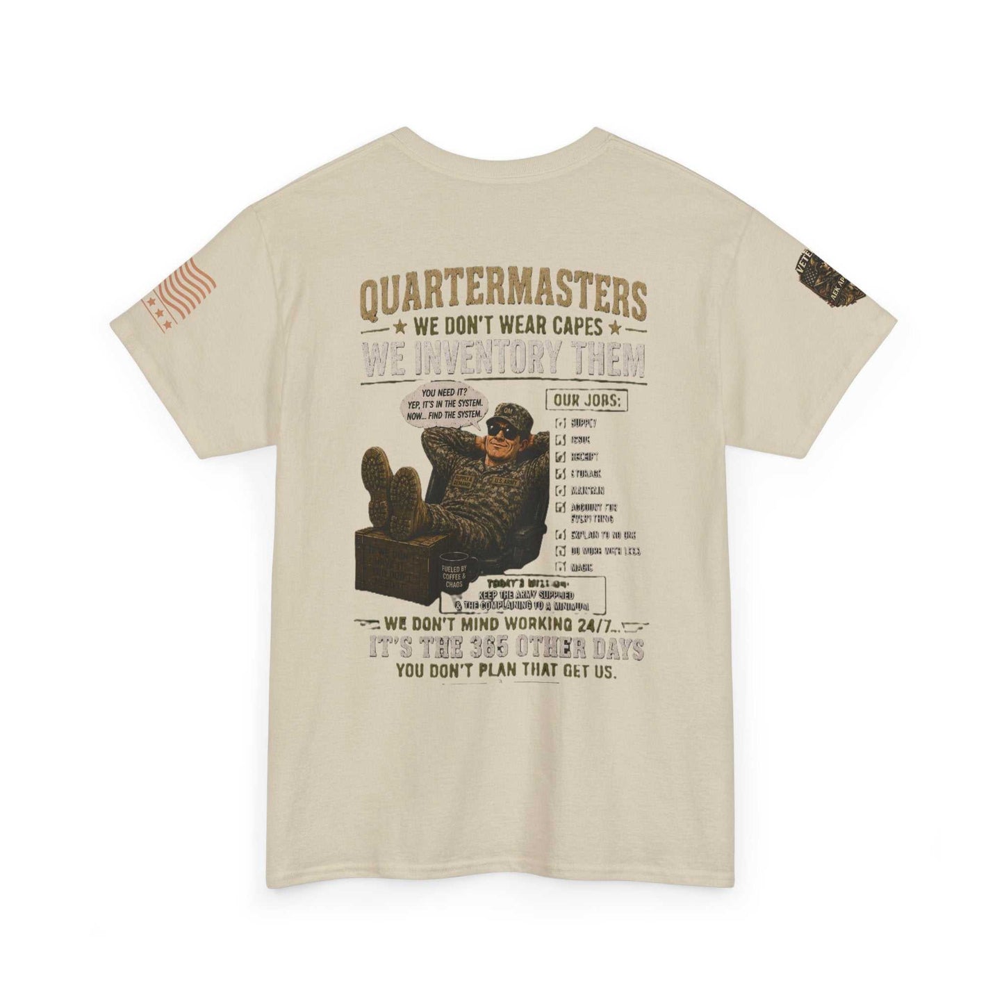 Quartermasters Graphic Tee – "We Don’t Wear Capes, We Inventory Them" Military Supply Shirt