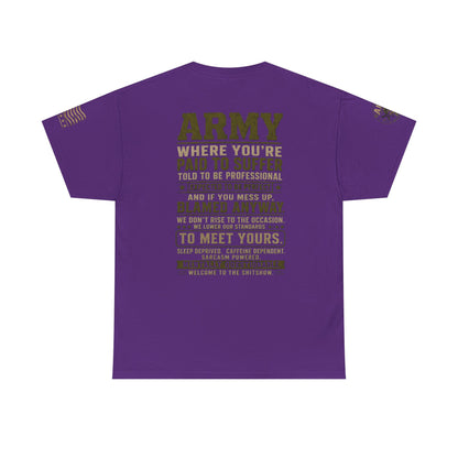 Army Quote Tee — “Army: Where You’re Paid to Suffer” Military Graphic T-Shirt