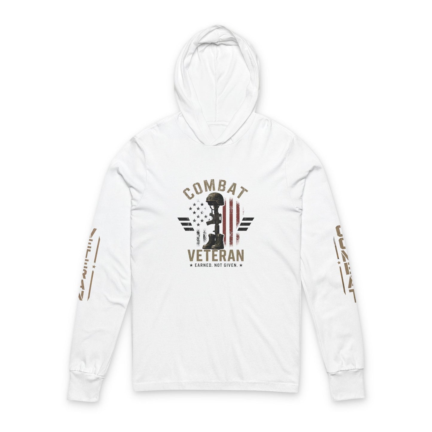 Combat Veteran Hooded long-sleeve tee with fallen soldier tribute graphic and lightweight breathable fabric