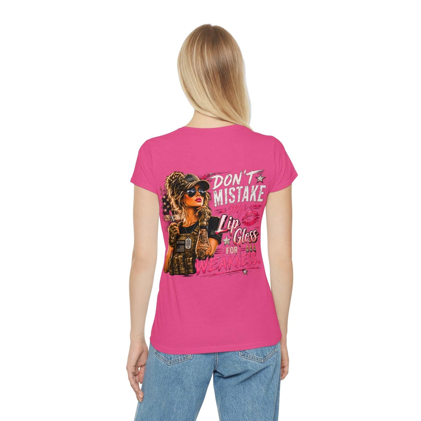 Women's Military-Inspired T-Shirt — "Don't Mistake My Lip Gloss for Weakness" Graphic Tee