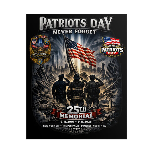 Patriots Day poster with three firefighters, American flag, and cityscape memorial scene