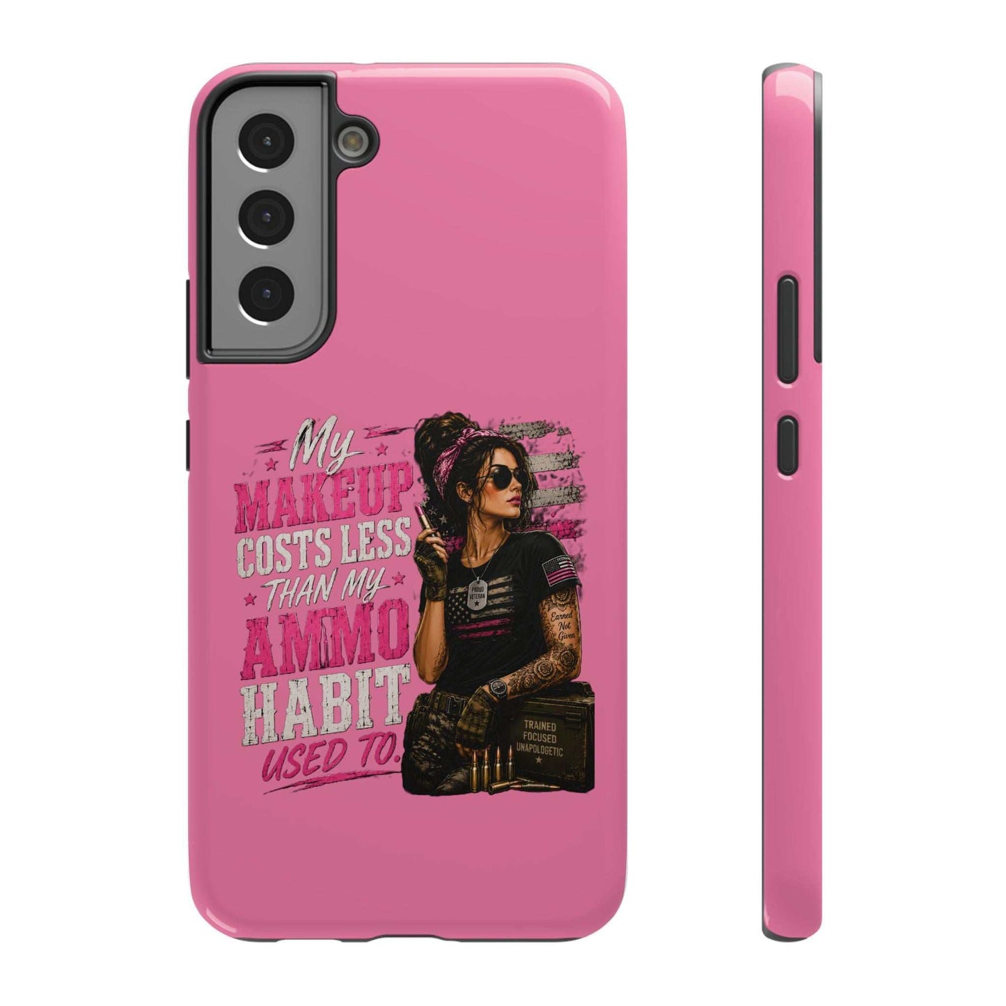 Impact-Resistant Phone Case — "My Makeup Costs Less Than My Ammo Habit Used To" Pink Tactical Design