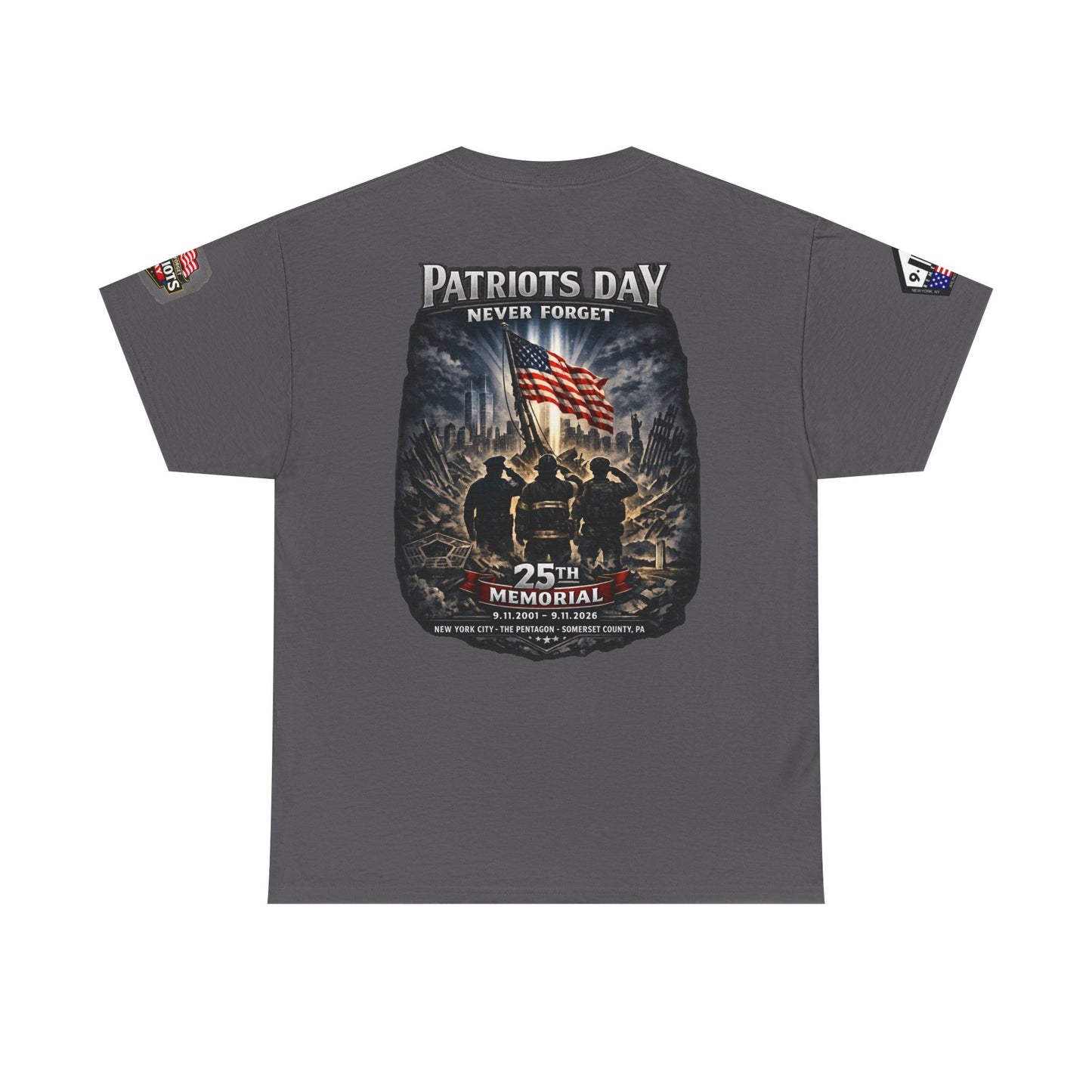 NYARNG Patriots Day Memorial Tee – "Never Forget" 25th Anniversary American Flag Shirt