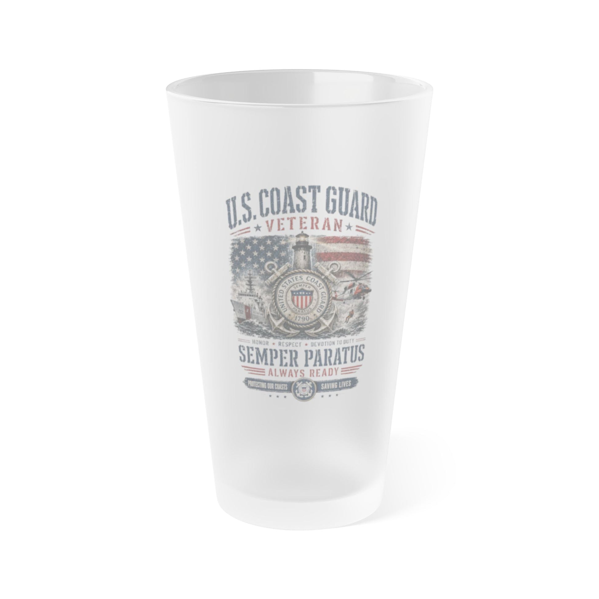 Frosted 16oz pint glass with vintage Coast Guard Veteran wraparound print, dishwasher-safe and BPA-free