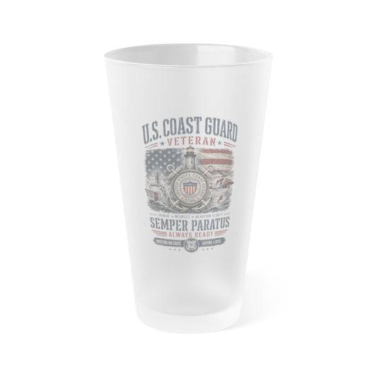 Frosted 16oz pint glass with vintage Coast Guard Veteran wraparound print, dishwasher-safe and BPA-free