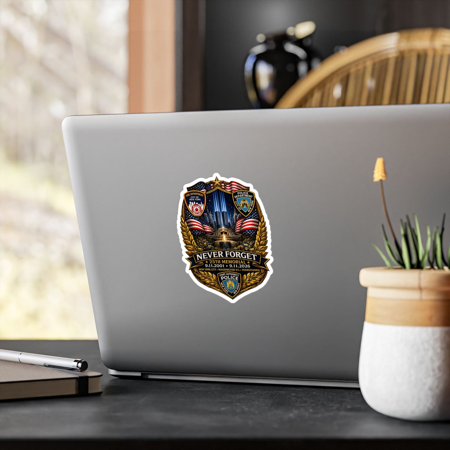 9/11 Never Forget shield vinyl decal with eagle, flag, and Twin Towers memorial in satin, glossy, holographic, or transparent finish