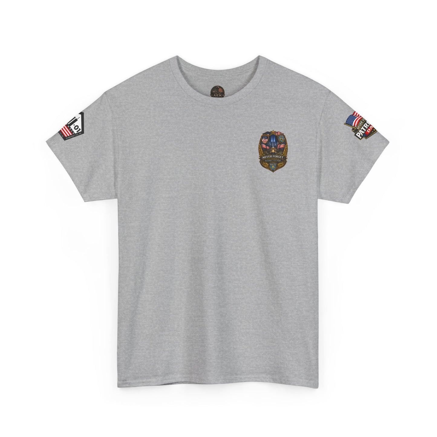 NYPD, FDNY, PAPD-NYNJ Patriots Day Memorial Tee – "Never Forget" 25th Anniversary American Flag Shirt