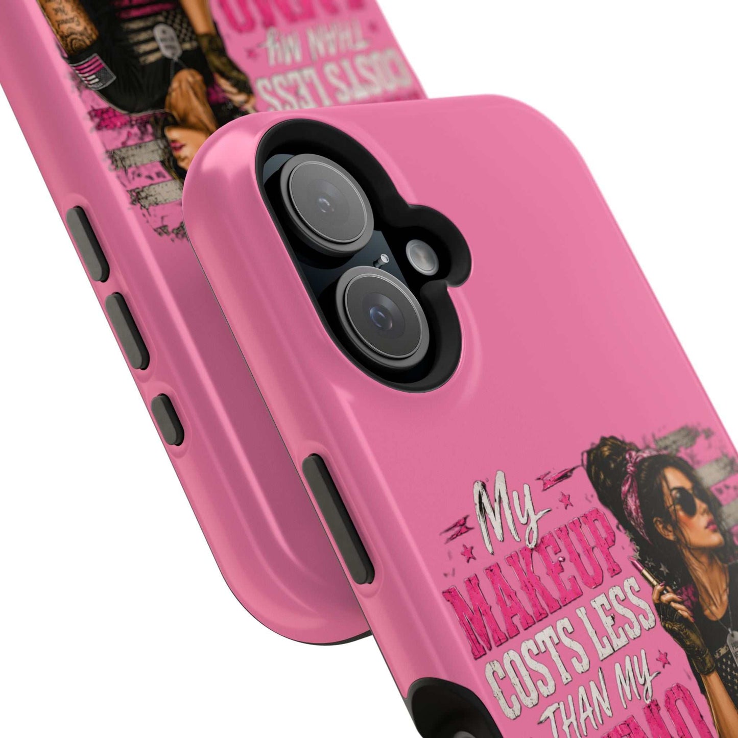 Impact-Resistant Phone Case — "My Makeup Costs Less Than My Ammo Habit Used To" Pink Tactical Design