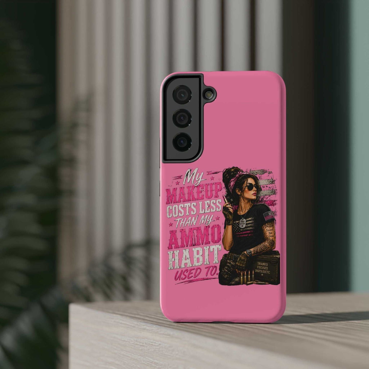Impact-Resistant Phone Case — "My Makeup Costs Less Than My Ammo Habit Used To" Pink Tactical Design