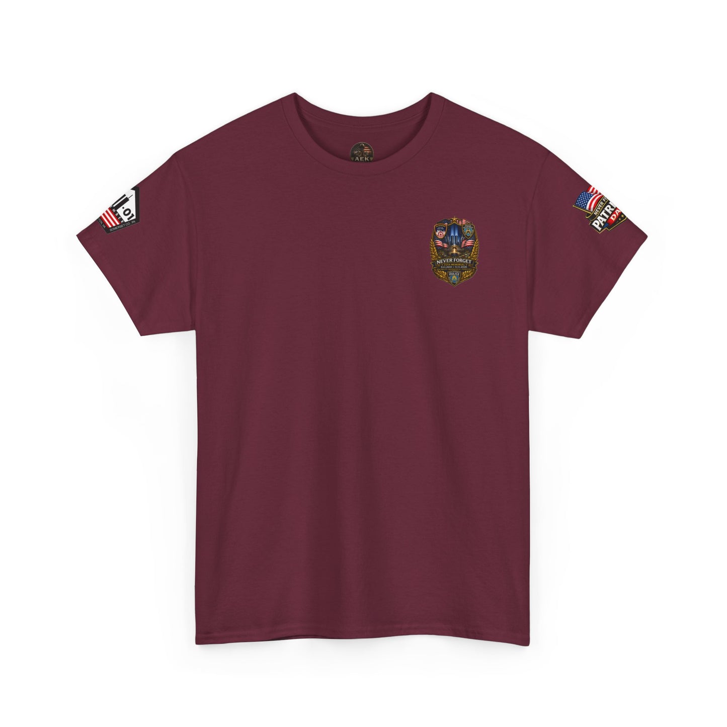 NYPD, FDNY, PAPD-NYNJ Patriots Day Memorial Tee – "Never Forget" 25th Anniversary American Flag Shirt