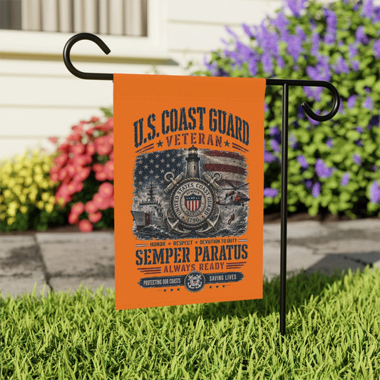 Coast Guard Veteran garden flag with distressed military design and Semper Paratus memorial banner