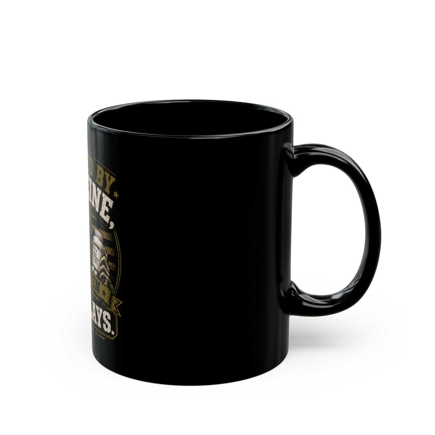 Powered by Caffeine, Ibuprofen & VA Delays Mug — Military Vet Humor Black Coffee Mug