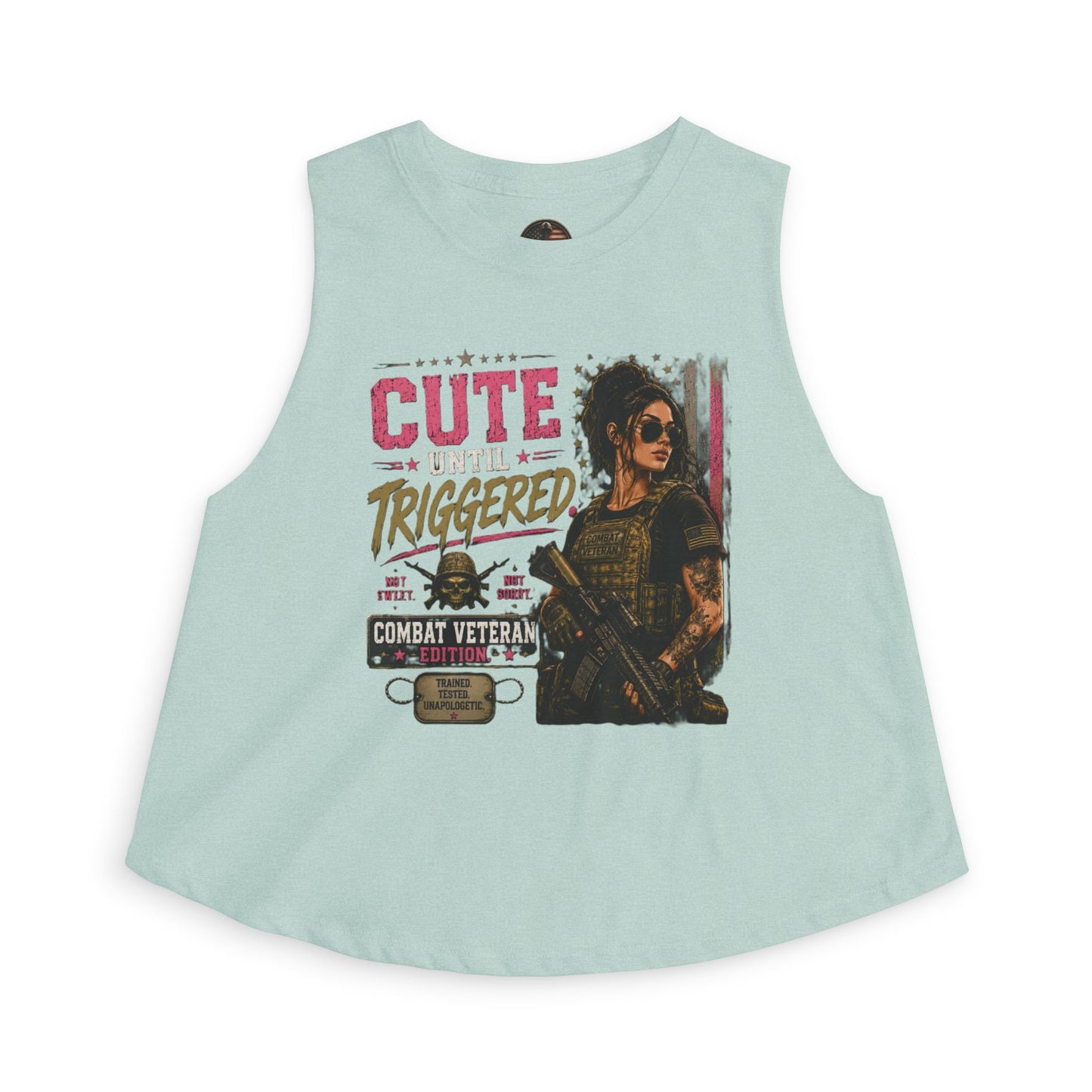 Crop Top — "Cute Until Triggered" Combat Veteran Graphic Tank