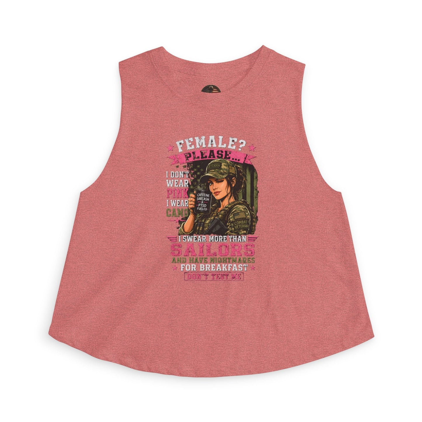 Women's crop top with vintage military graphic and slogan, lightweight, cropped tank, raw-cut sleeves, ribbed neckline