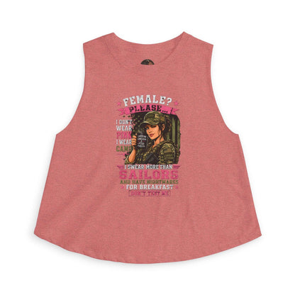 Women's Crop Top — 'Female? Please. I Don't Wear Pink' Military Graphic Tank