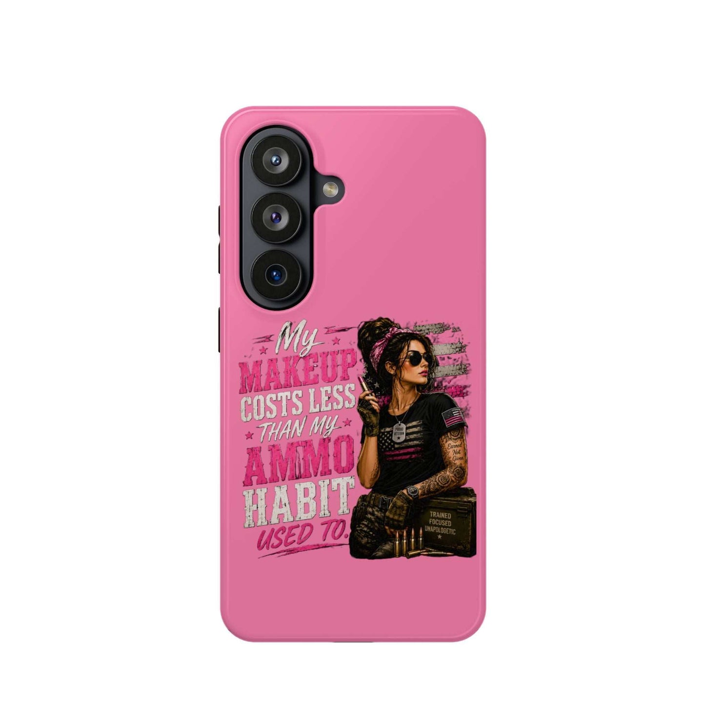 Impact-Resistant Phone Case — "My Makeup Costs Less Than My Ammo Habit Used To" Pink Tactical Design