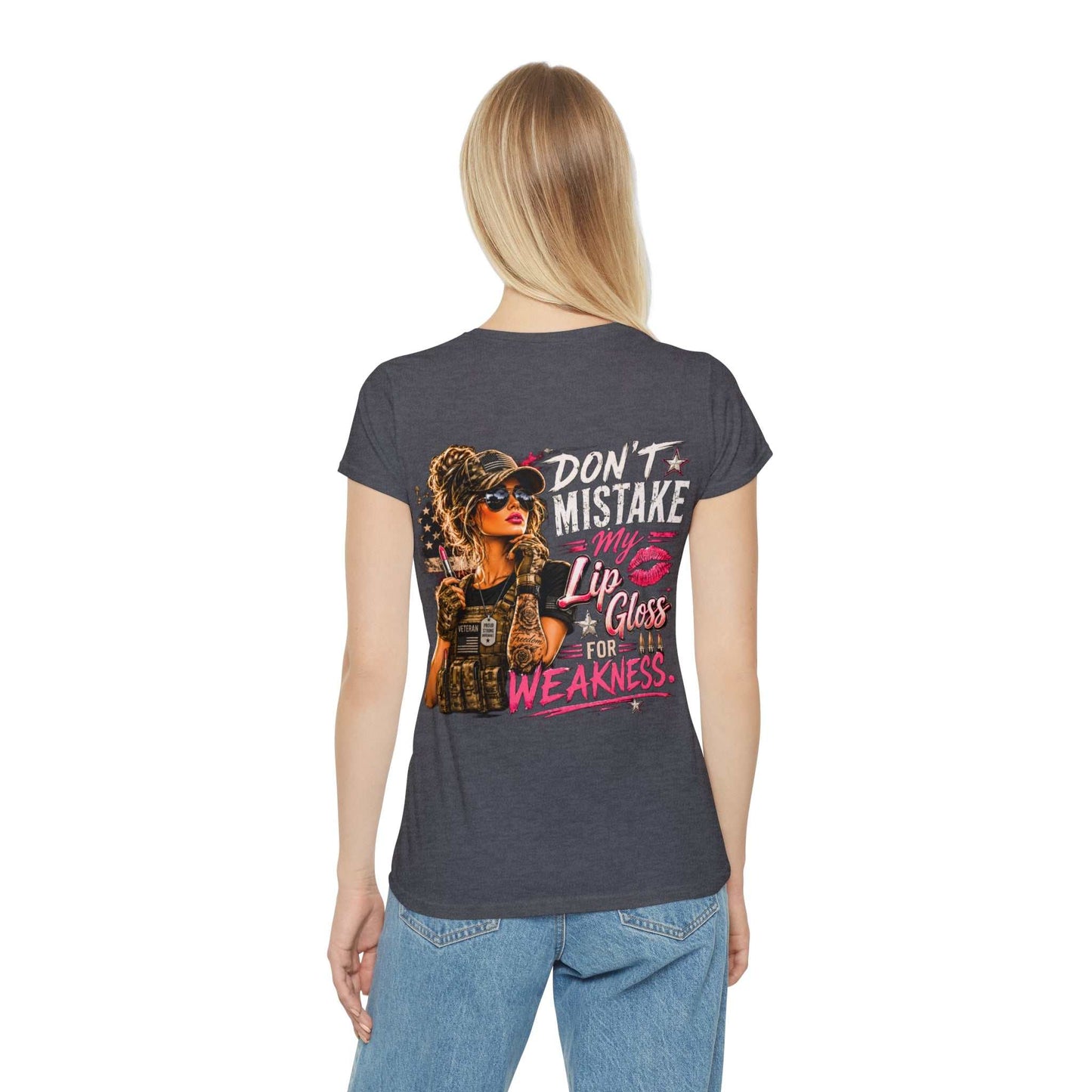 Women's Military-Inspired T-Shirt — "Don't Mistake My Lip Gloss for Weakness" Graphic Tee
