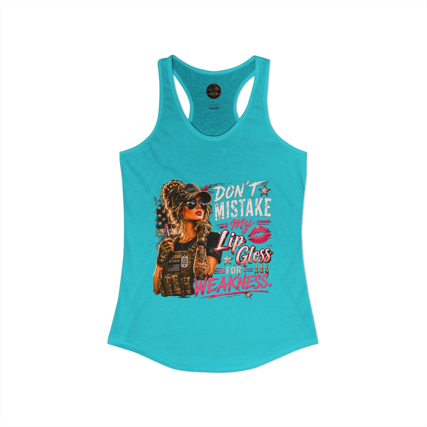 Women's Racerback Tank - "Don't Mistake My Lip Gloss for Weakness"