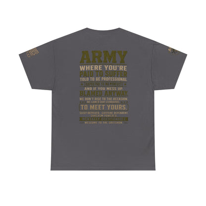 Army Quote Tee — “Army: Where You’re Paid to Suffer” Military Graphic T-Shirt