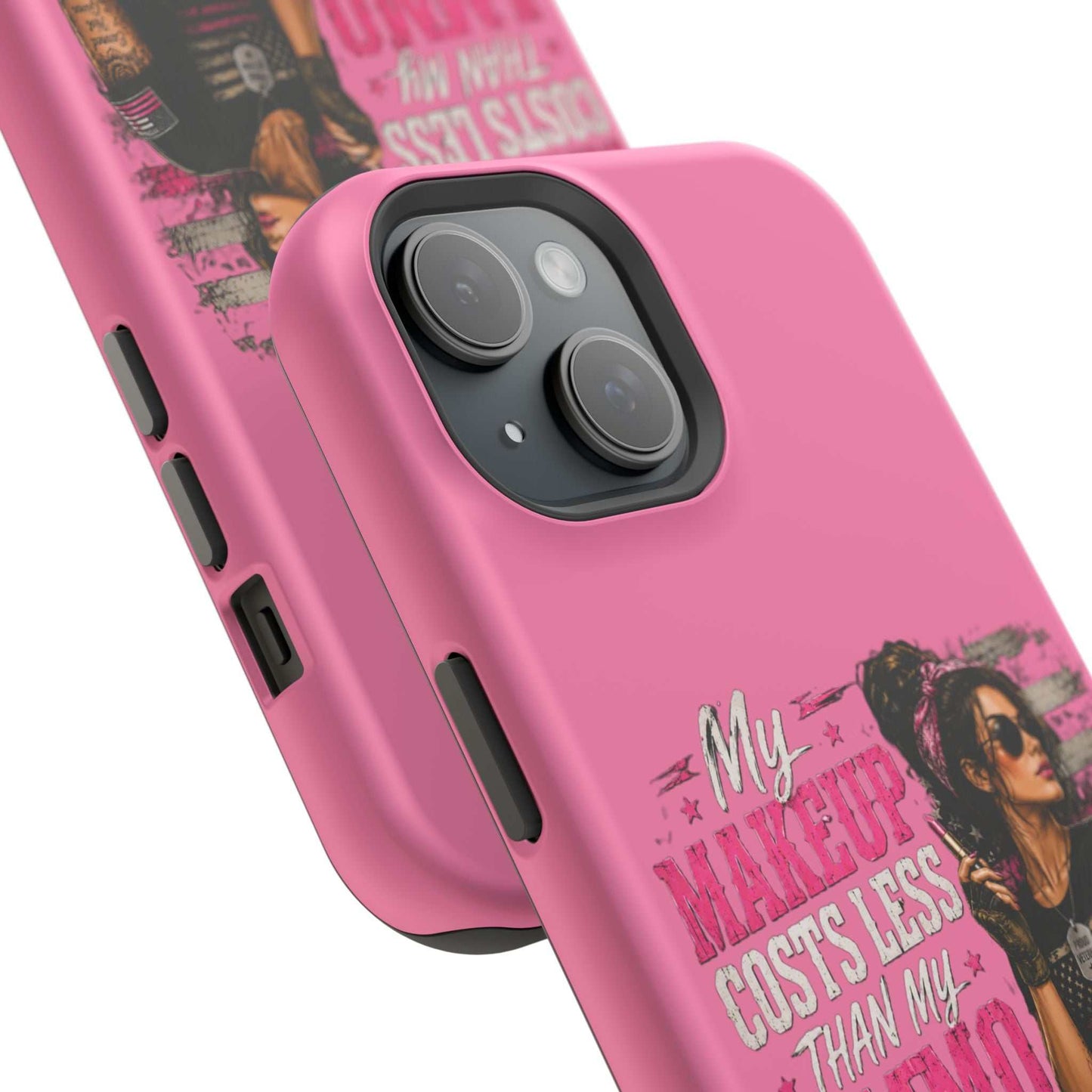 Impact-Resistant Phone Case — "My Makeup Costs Less Than My Ammo Habit Used To" Pink Tactical Design