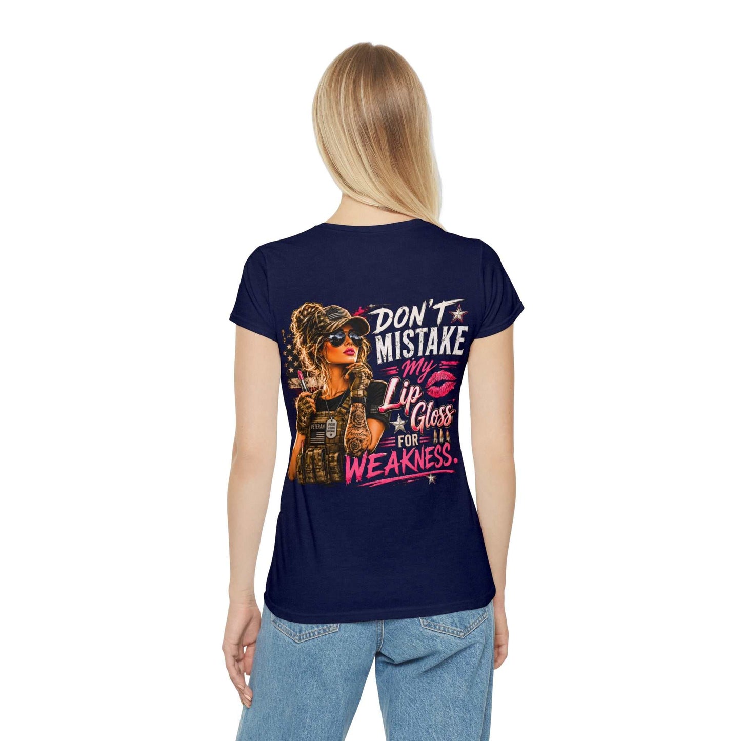 Women's Military-Inspired T-Shirt — "Don't Mistake My Lip Gloss for Weakness" Graphic Tee