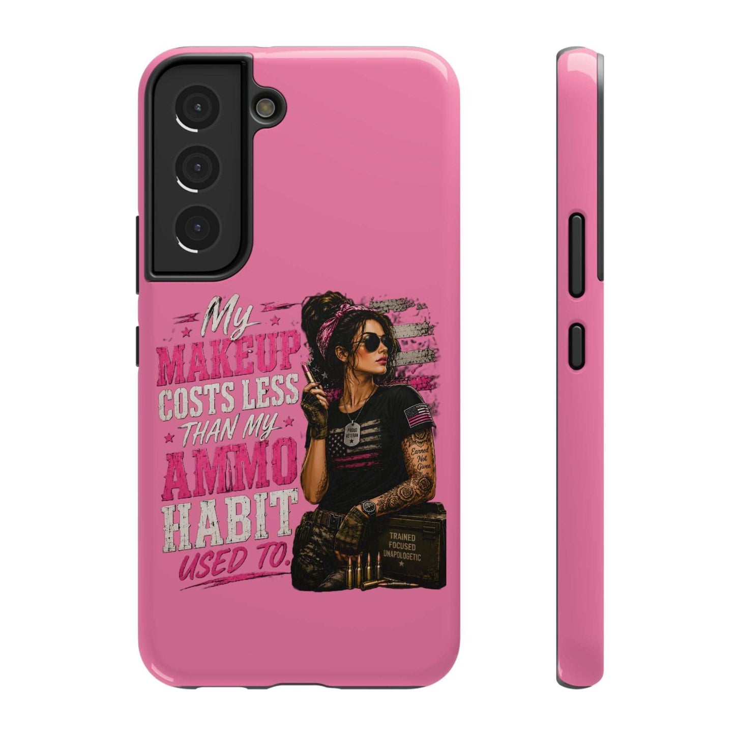 Impact-Resistant Phone Case — "My Makeup Costs Less Than My Ammo Habit Used To" Pink Tactical Design