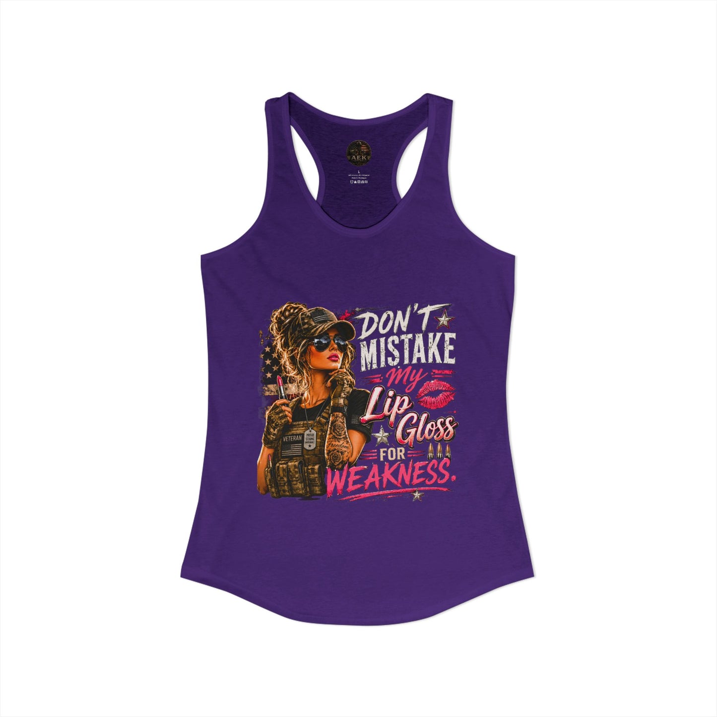 Women's Racerback Tank - "Don't Mistake My Lip Gloss for Weakness"