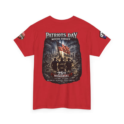 NYPD, FDNY, PAPD-NYNJ Patriots Day Memorial Tee – "Never Forget" 25th Anniversary American Flag Shirt