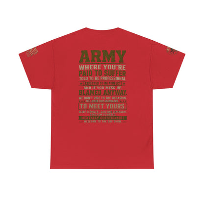 Army Quote Tee — “Army: Where You’re Paid to Suffer” Military Graphic T-Shirt