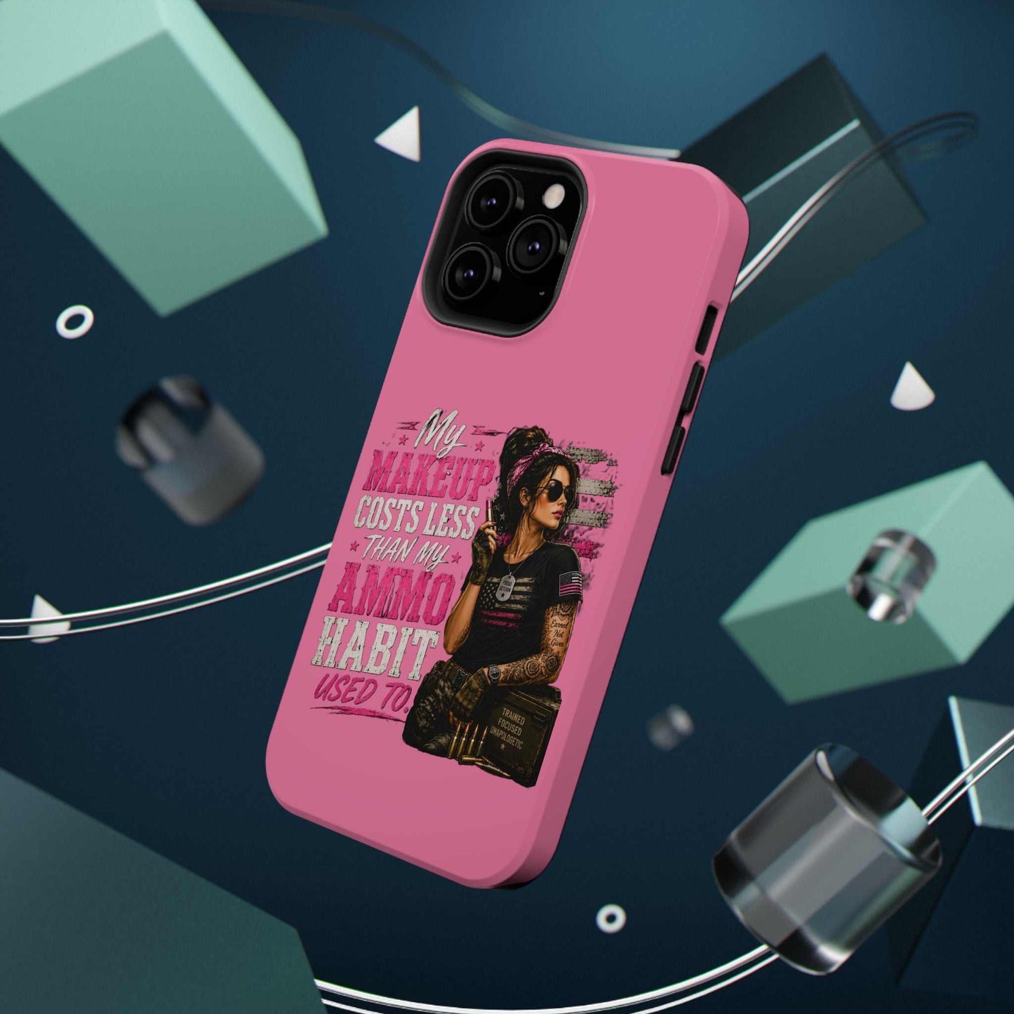 Impact-Resistant Phone Case — "My Makeup Costs Less Than My Ammo Habit Used To" Pink Tactical Design