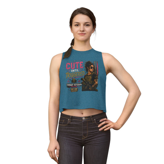White crop top tank with "Cute Until Triggered" combat veteran graphic and raw-edged sleeves